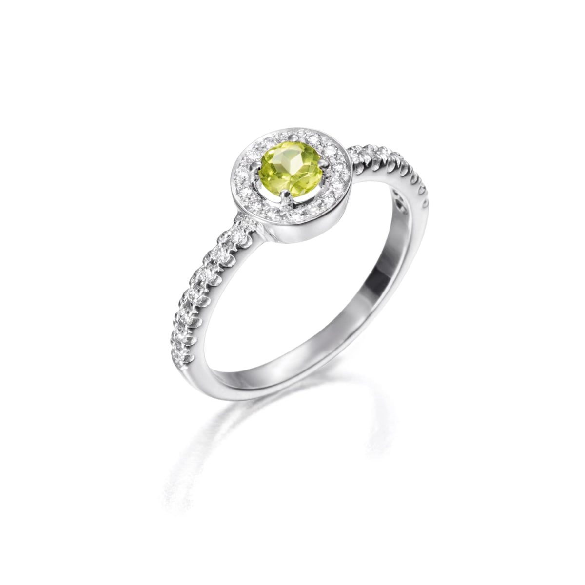 Anillo Wedding Colour Anillo de oro blanco de 18K adornado con 0,22ct de diamantes talla brillante y un peridoto natural de 0,26ct.