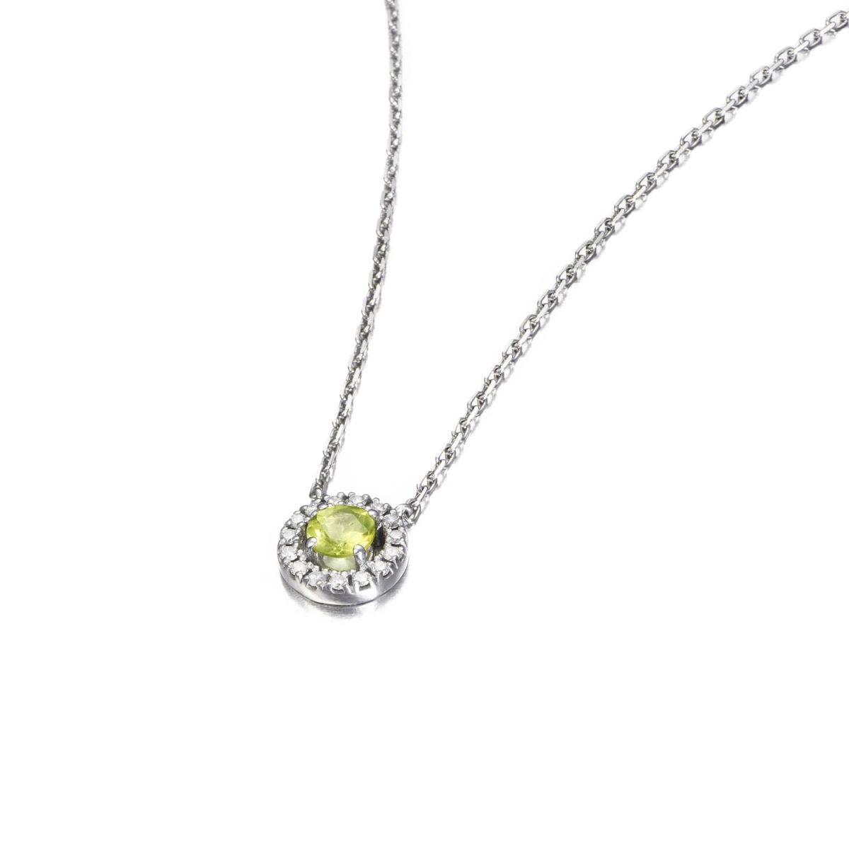 Collar Wedding Colour Collar de oro blanco de 18K adornado con 0,10ct de diamantes talla brillante y un peridoto natural de 0,31ct.