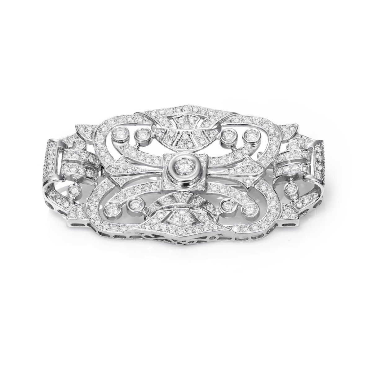 Broche Unique Broche de estilo Art Decó de oro blanco de 18K adornado con 6,80ct de diamantes talla brillante.